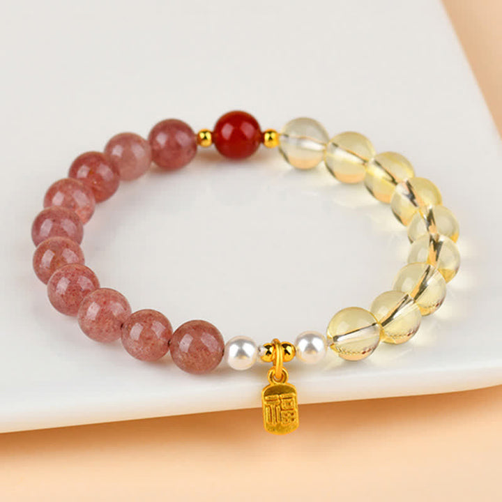 Buddha Stones ストロベリークォーツとシトリンを使用した五行の福の文字の幸運ブレスレット - image 1