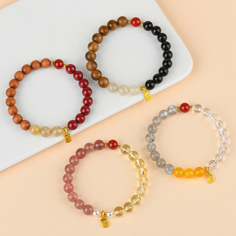 Buddha Stones ストロベリークォーツとシトリンを使用した五行の福の文字の幸運ブレスレット - image 24