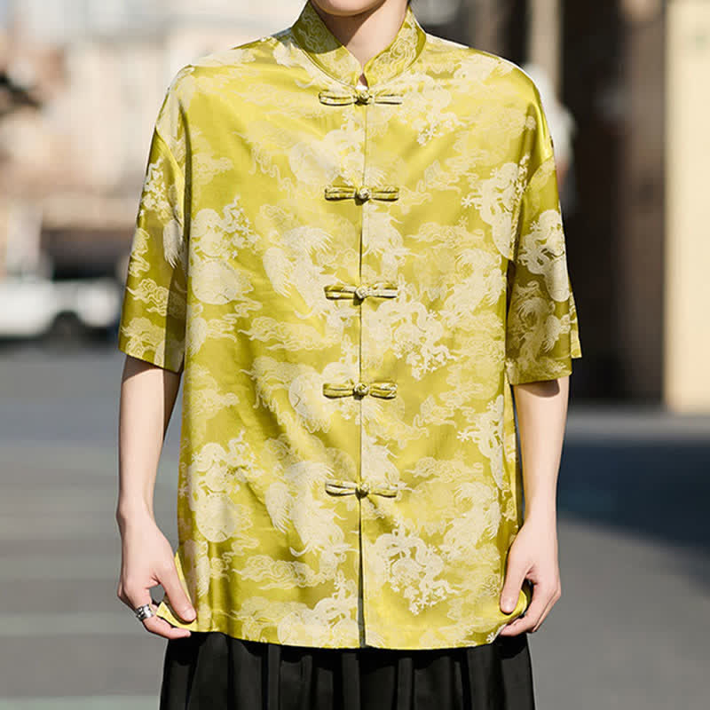 Buddha Stones 夏物唐風カエルボタン動物柄メンズ半袖シャツ - 黄色 - US/UK/AU46、 EU56 (5XL) - image 10