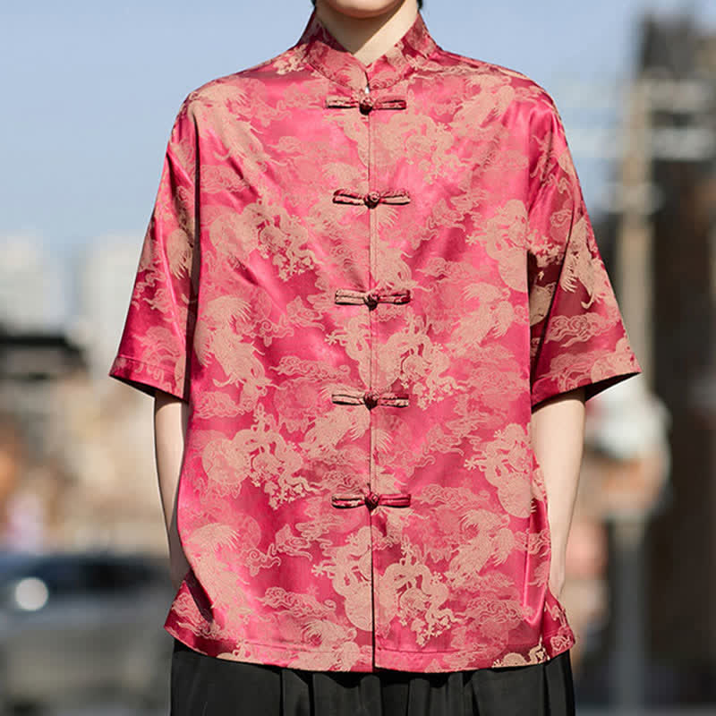 Buddha Stones 夏物唐風カエルボタン動物柄メンズ半袖シャツ - クリムゾン - US/UK/AU46、 EU56 (5XL) - image 0