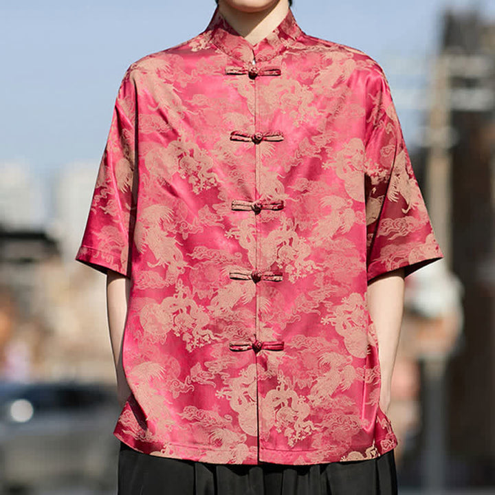 Buddha Stones 夏物唐風カエルボタン動物柄メンズ半袖シャツ - クリムゾン - US/UK/AU46、 EU56 (5XL) - image 0