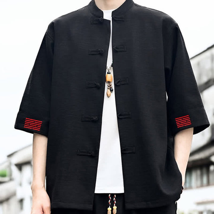 Buddha Stones 夏物唐草風カエルボタン無地メンズ半袖シャツ - 黒 - US/UK/AU46、 EU56 (5XL) - image 0