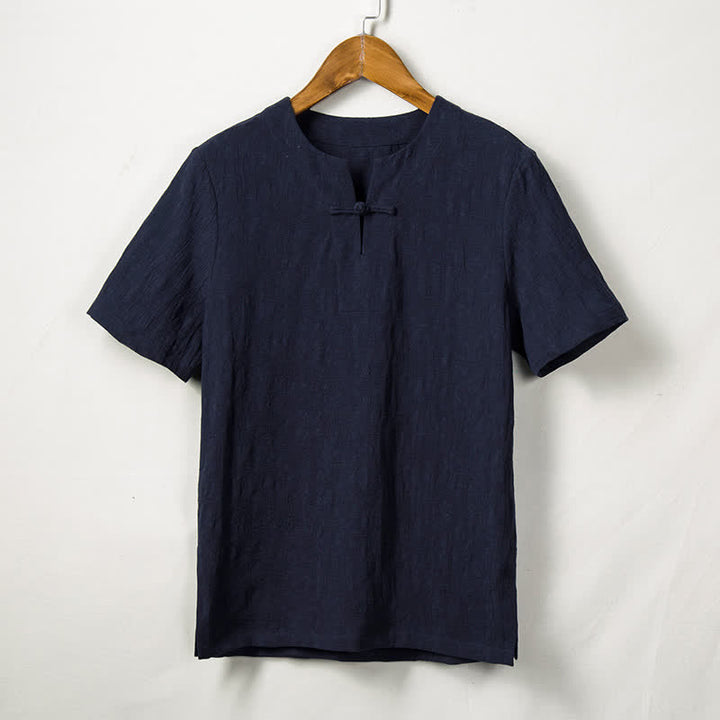 Buddha Stones 夏唐スタイル ワンボタン リーフ柄 メンズ半袖シャツ - ミッドナイトブルー - US/UK/AU44、 EU54 (4XL) - image 4