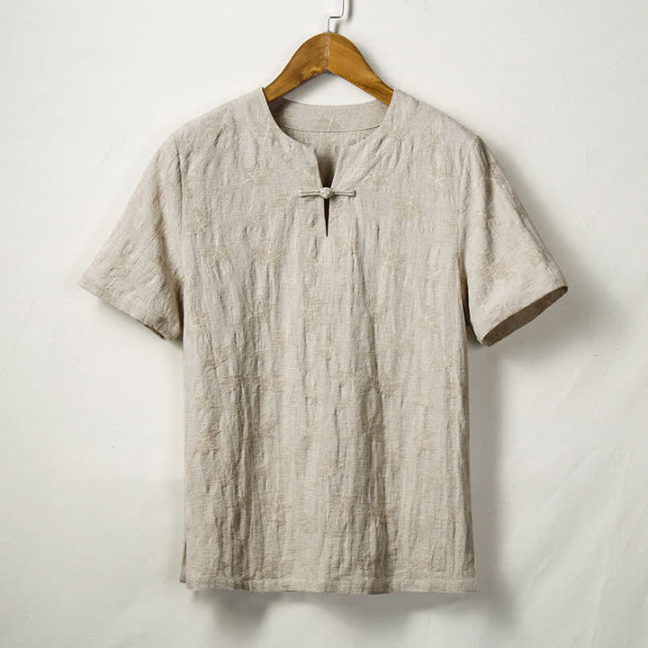 Buddha Stones 夏唐スタイル ワンボタン リーフ柄 メンズ半袖シャツ - リネン - US/UK/AU44、 EU54 (4XL) - image 0