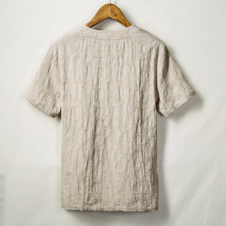 Buddha Stones 夏唐スタイル ワンボタン リーフ柄 メンズ半袖シャツ - image 1