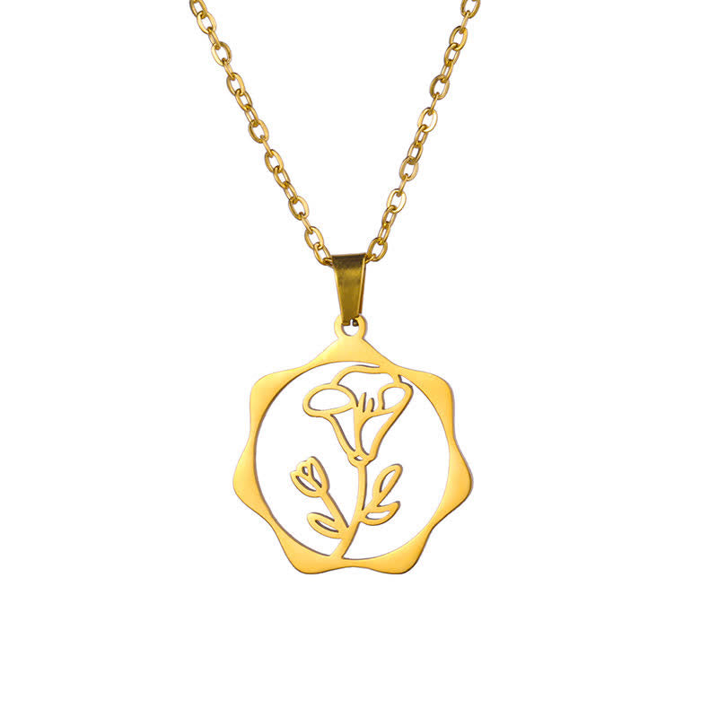 Buddha Stones チタン鋼製誕生花蓮悟りペンダントネックレス - 朝顔 - ゴールデンチタン鋼 - image 22