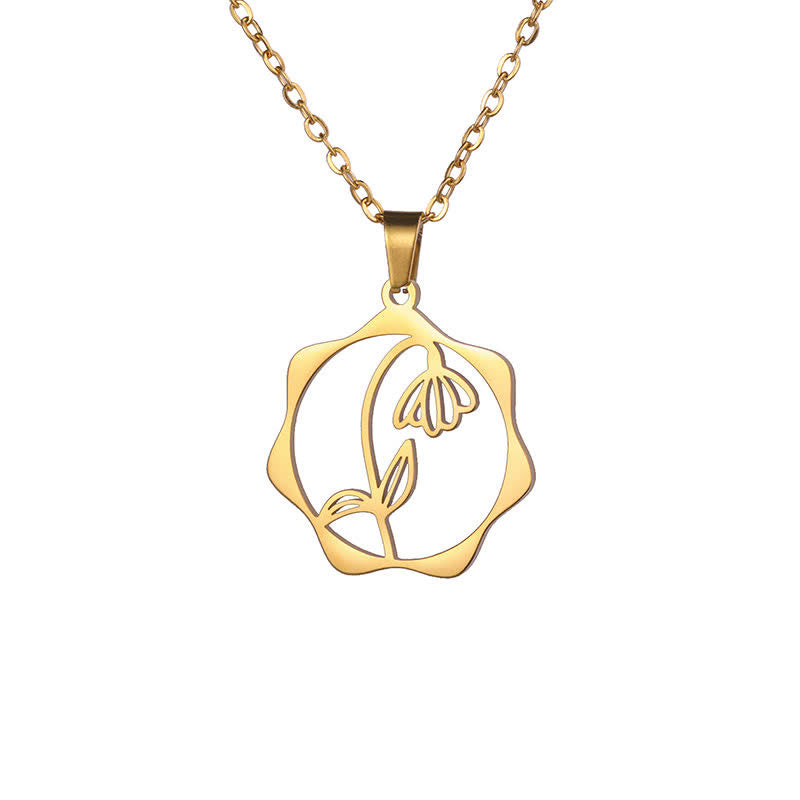 Buddha Stones チタン鋼製誕生花蓮悟りペンダントネックレス - スノードロップ - ゴールデンチタン鋼 - image 28