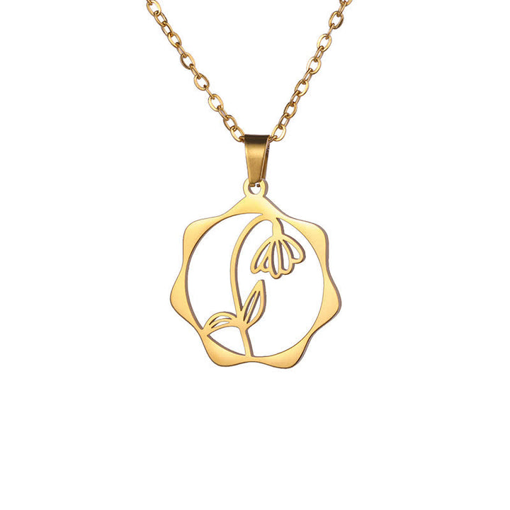 Buddha Stones チタン鋼製誕生花蓮悟りペンダントネックレス - スノードロップ - ゴールデンチタン鋼 - image 28