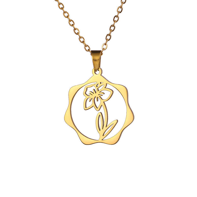 Buddha Stones チタン鋼製誕生花蓮悟りペンダントネックレス - 水仙 - ゴールデンチタン鋼 - image 30