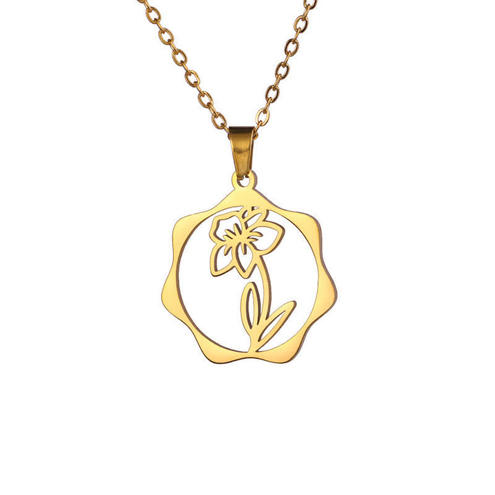 Buddha Stones チタン鋼製誕生花蓮悟りペンダントネックレス - 水仙 - ゴールデンチタン鋼 - image 30