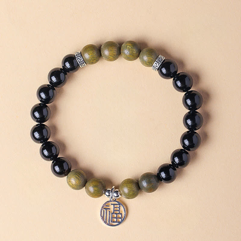 Buddha Stones ブラックオニキスの「福」の文字ビーズ幸運ブレスレット - ブラックオニキスとグリーンサンダルウッド（手首周り：15～16cm） - image 16