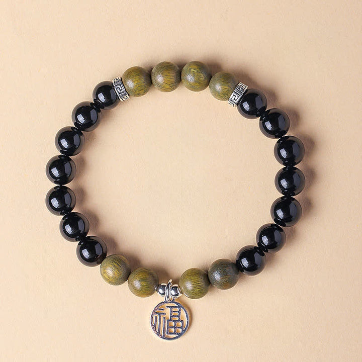 Buddha Stones ブラックオニキスの「福」の文字ビーズ幸運ブレスレット - ブラックオニキスとグリーンサンダルウッド（手首周り：15～16cm） - image 16