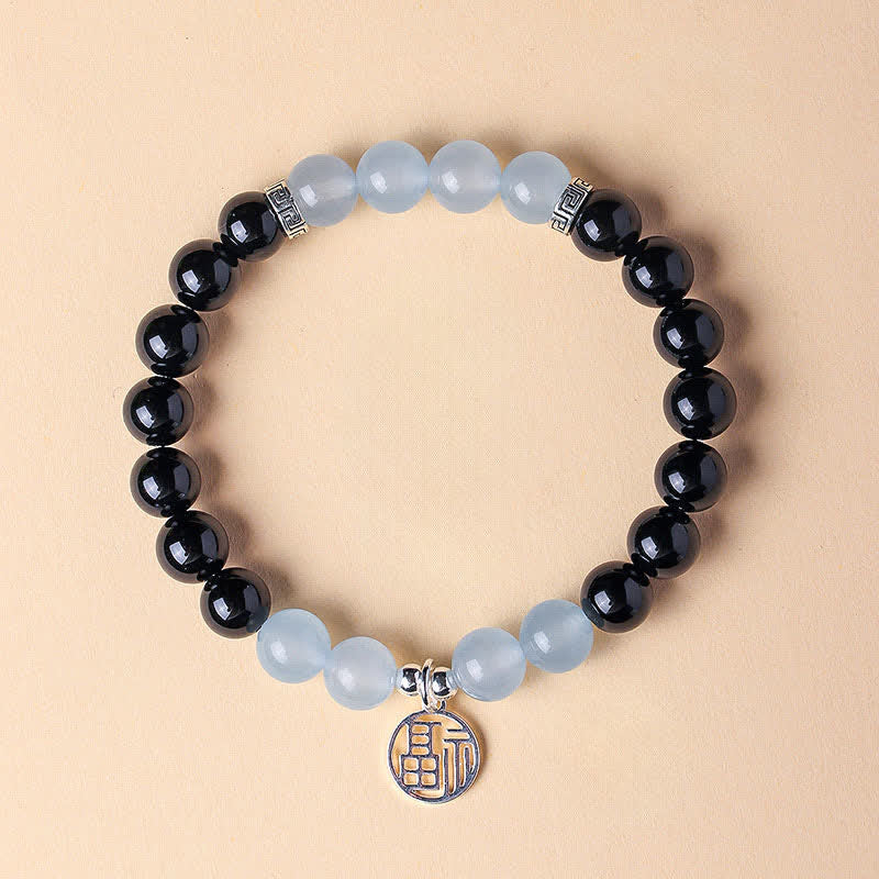 Buddha Stones ブラックオニキスの「福」の文字ビーズ幸運ブレスレット - ブラックオニキスとブルーカルセドニー（手首周り：15～16cm） - image 12
