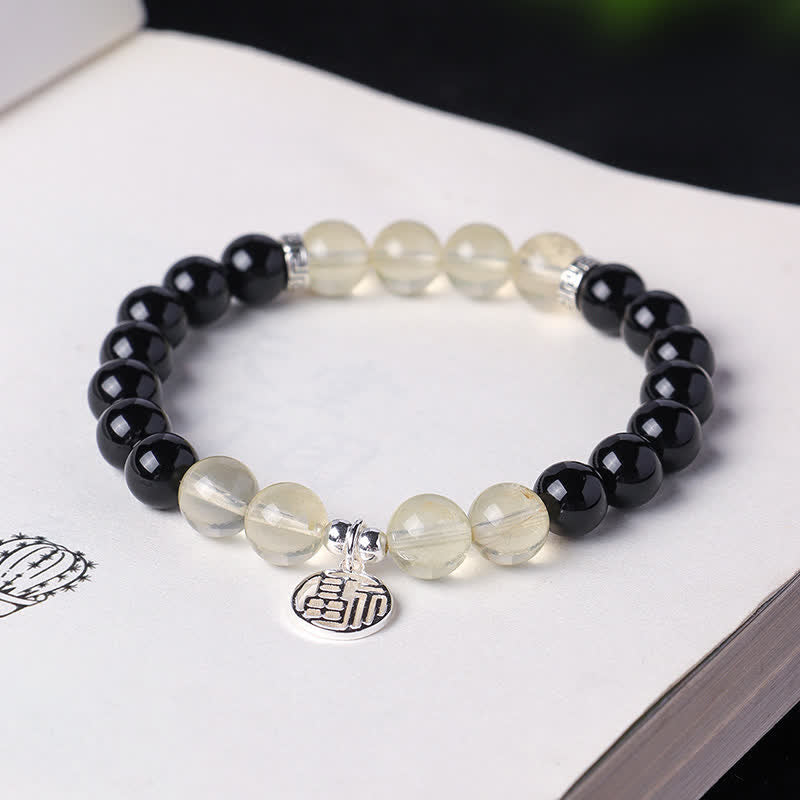 Buddha Stones ブラックオニキスの「福」の文字ビーズ幸運ブレスレット - image 2
