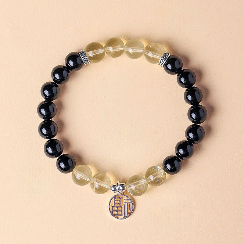 Buddha Stones ブラックオニキスの「福」の文字ビーズ幸運ブレスレット - ブラックオニキスシトリン（手首周り：15～16cm） - image 1