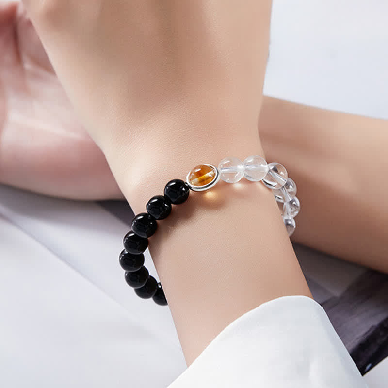 Buddha Stones クリアクォーツとブラックオブシディアンの守護ブレスレット - image 4