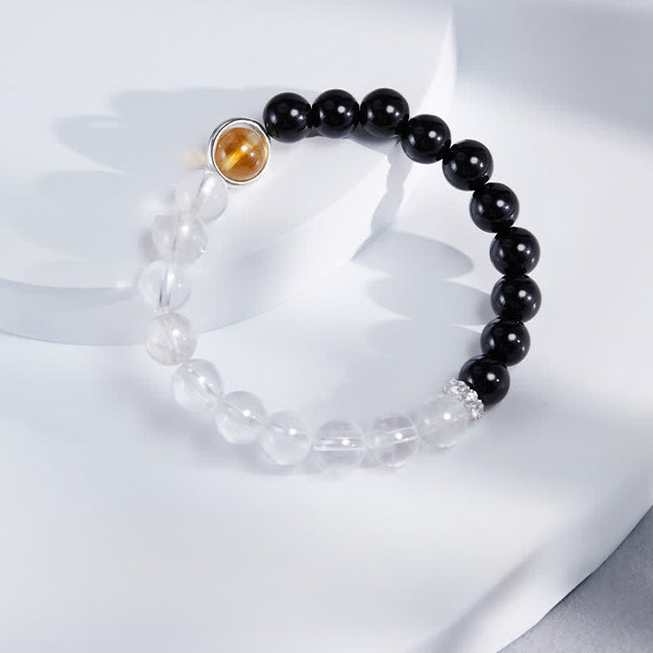 Buddha Stones クリアクォーツとブラックオブシディアンの守護ブレスレット - image 1