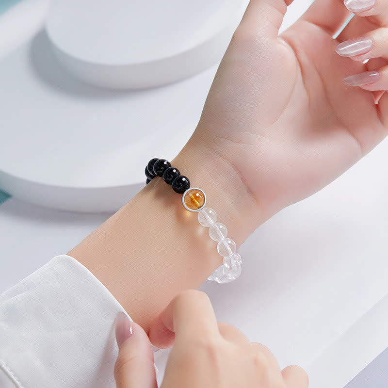 Buddha Stones クリアクォーツとブラックオブシディアンの守護ブレスレット - image 3