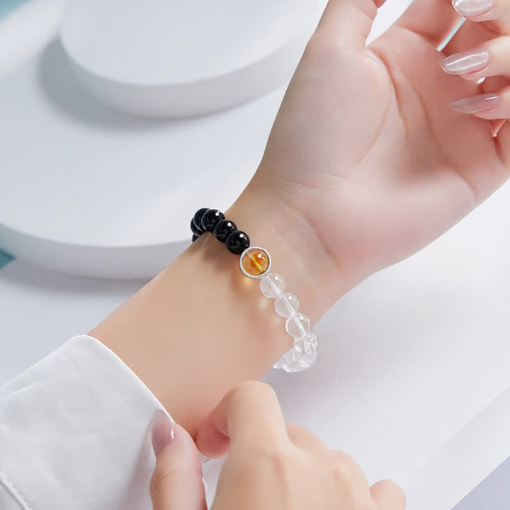Buddha Stones クリアクォーツとブラックオブシディアンの守護ブレスレット - image 3