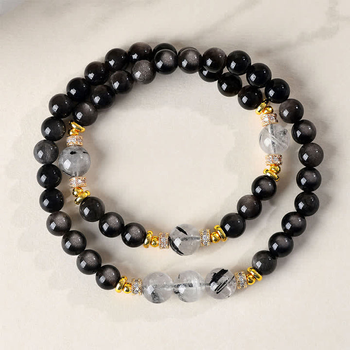 Buddha Stones 天然シルバーの輝きを放つオブシディアンダブルラップブレスレット - シルバーシーンオブシディアン（グラウンディング♥直感） - image 0