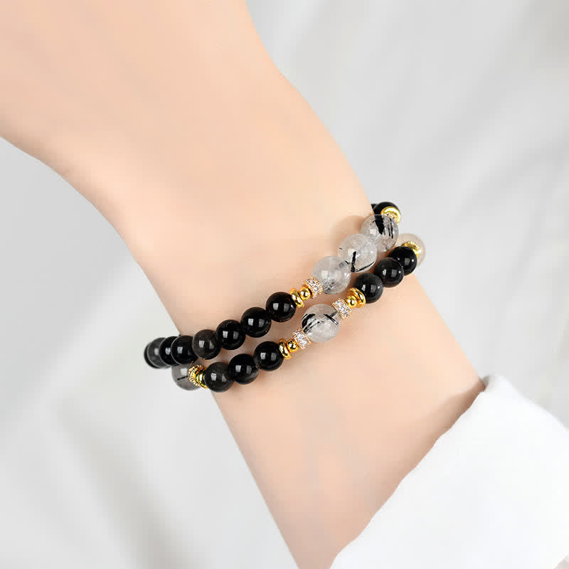 Buddha Stones 天然シルバーの輝きを放つオブシディアンダブルラップブレスレット - image 4