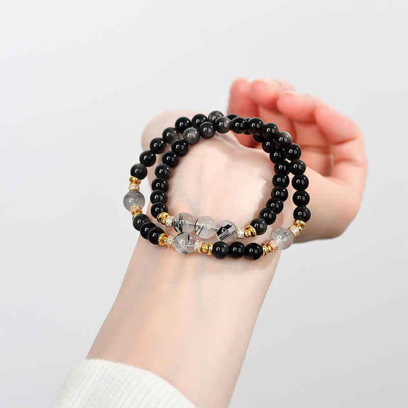 Buddha Stones 天然シルバーの輝きを放つオブシディアンダブルラップブレスレット - image 7