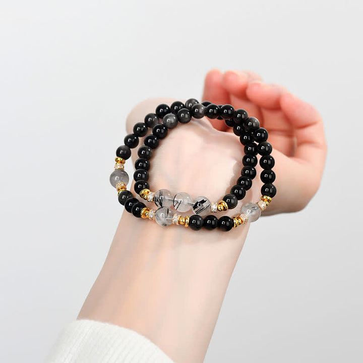Buddha Stones 天然シルバーの輝きを放つオブシディアンダブルラップブレスレット - image 7