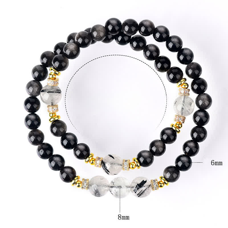 Buddha Stones 天然シルバーの輝きを放つオブシディアンダブルラップブレスレット - image 8