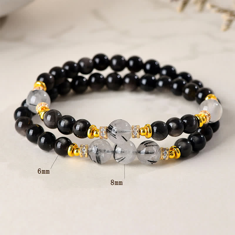 Buddha Stones 天然シルバーの輝きを放つオブシディアンダブルラップブレスレット - image 3