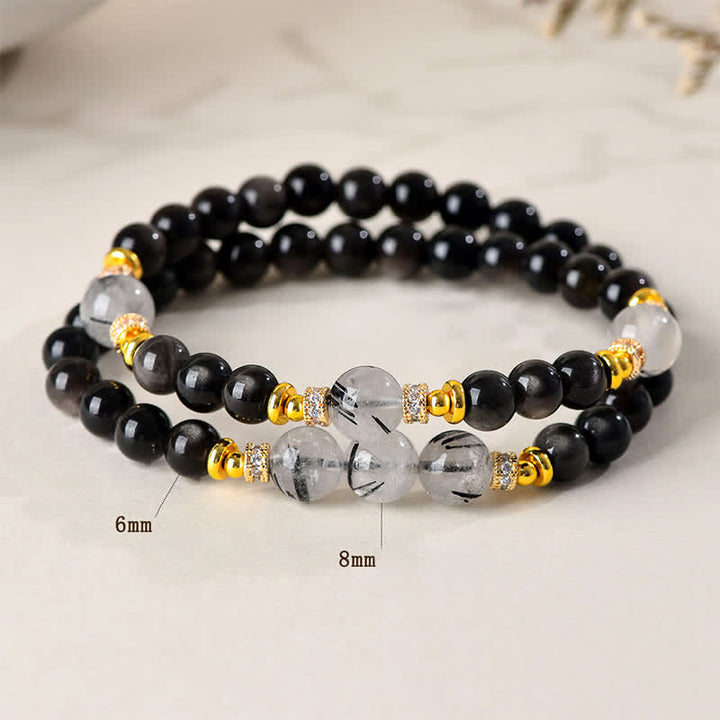 Buddha Stones 天然シルバーの輝きを放つオブシディアンダブルラップブレスレット - image 3