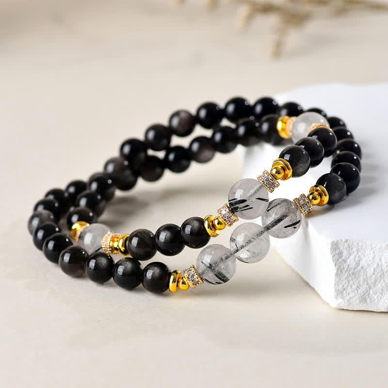 Buddha Stones 天然シルバーの輝きを放つオブシディアンダブルラップブレスレット - image 1