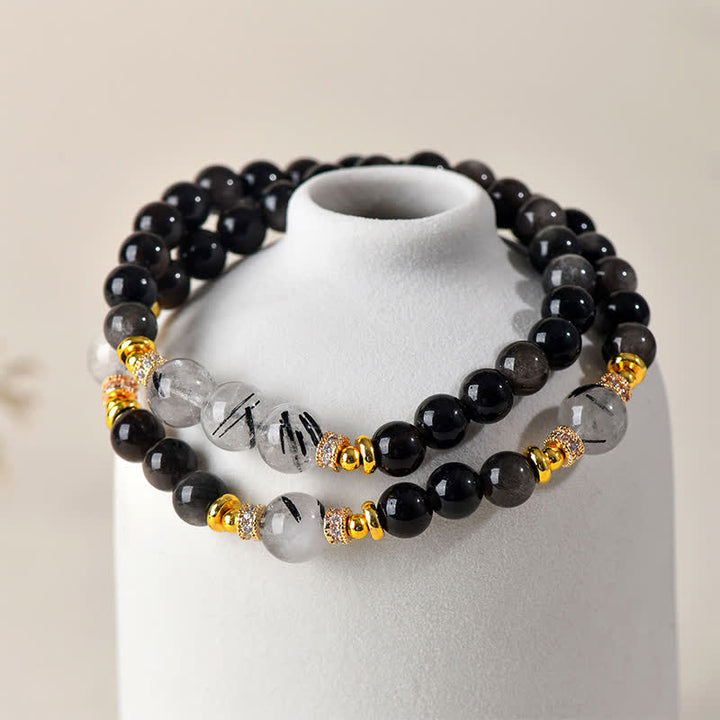 Buddha Stones 天然シルバーの輝きを放つオブシディアンダブルラップブレスレット - image 2