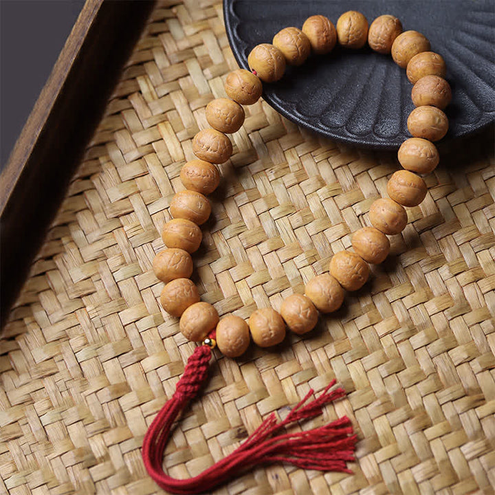 Buddha Stones 鳳凰の目 菩提智 チベット彫刻 タッセル付きマーラー数珠 - 鳳凰の目菩提樹（守護♥知恵） - image 0