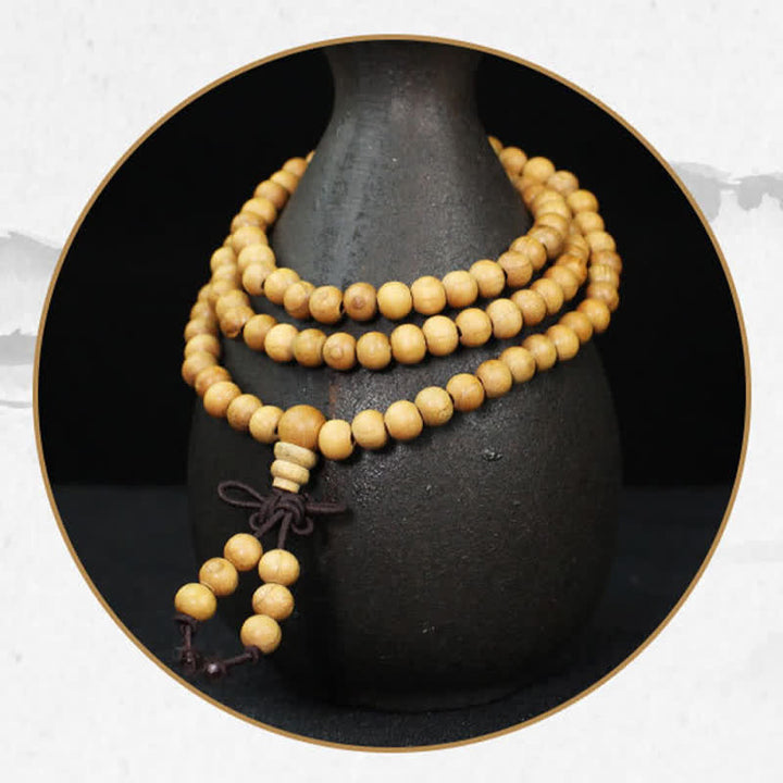 Buddha Stones 桃色の木材を使用した、手磨き仕上げの結び目模様の108マーラー数珠 - image 9