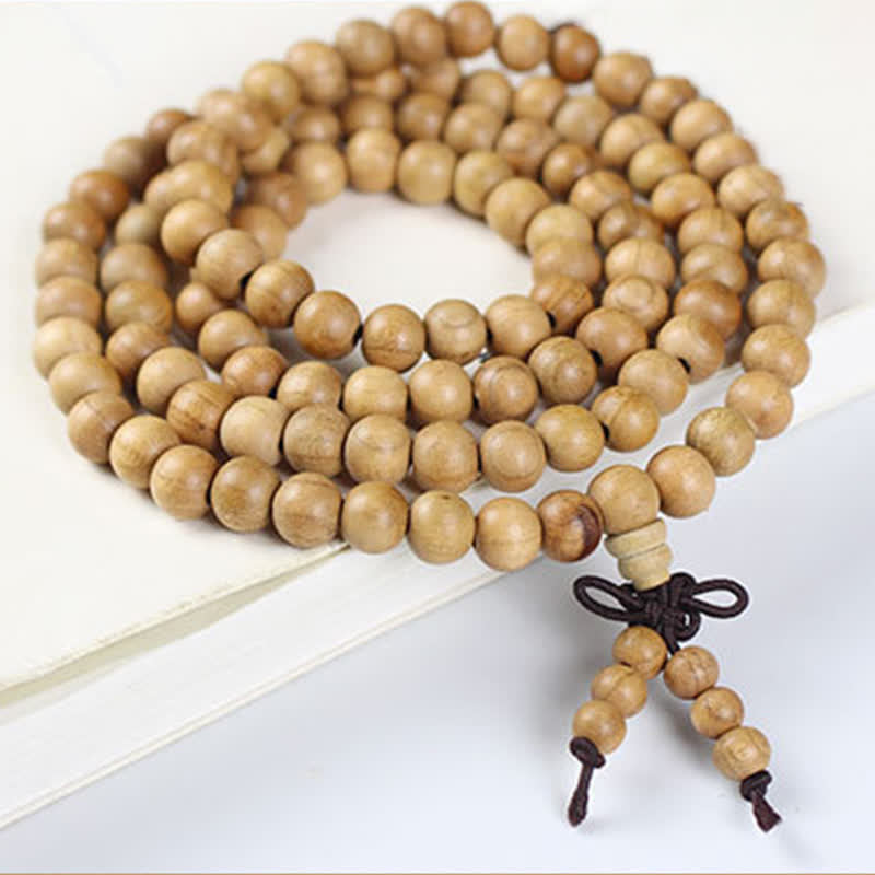 Buddha Stones 桃色の木材を使用した、手磨き仕上げの結び目模様の108マーラー数珠 - image 7