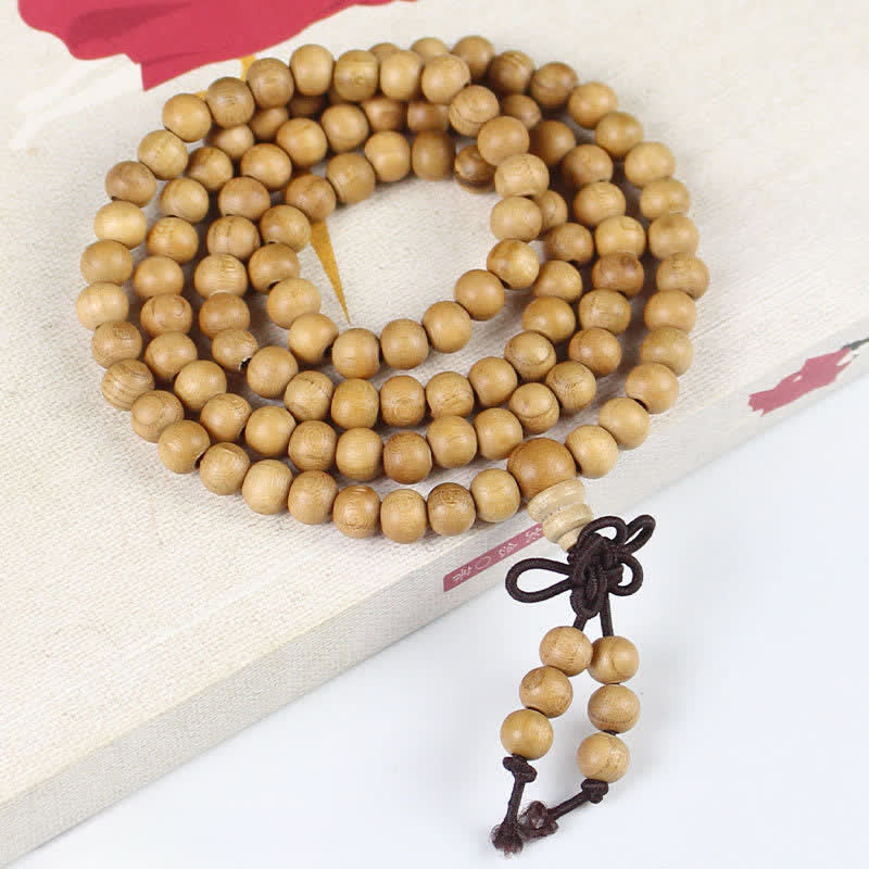 Buddha Stones 桃色の木材を使用した、手磨き仕上げの結び目模様の108マーラー数珠 - 6mm - 普通 - 桃の木（保護♥浄化） - image 0