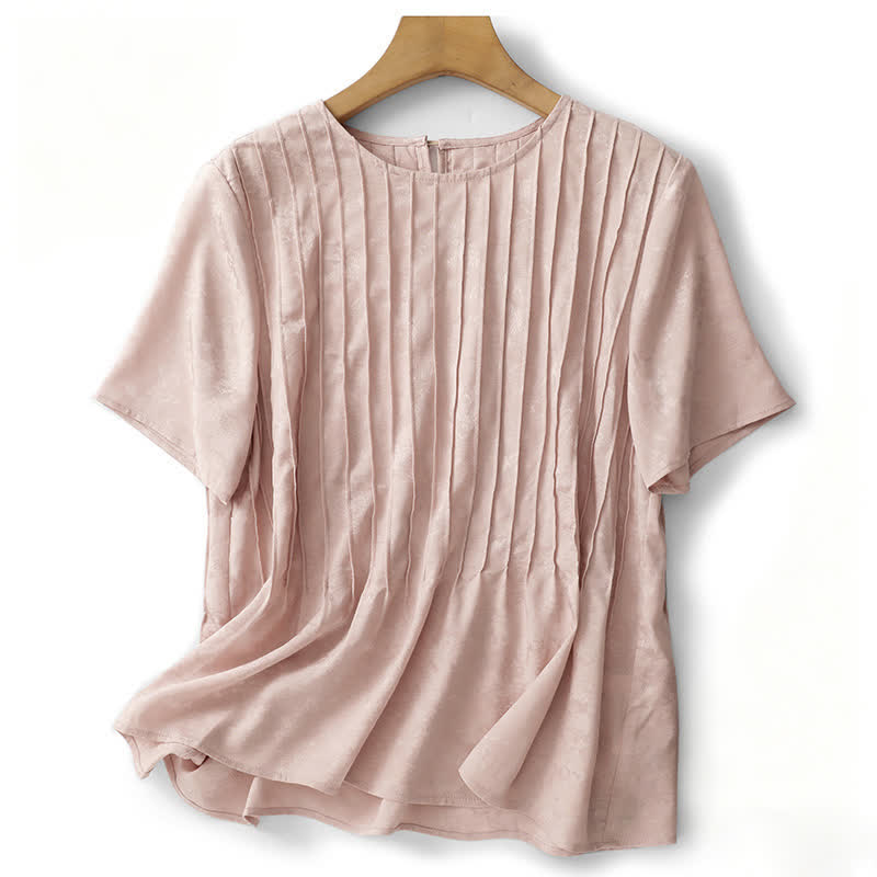 Buddha Stones 夏にぴったりのエレガントなプリーツ入り無地レディース半袖Tシャツ - ライトピンク - US6、 UK/AU10、 EU38 (XL) - image 0