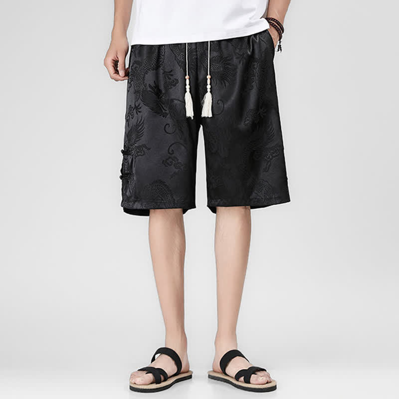 Buddha Stones 夏用ドローストリング付きドラゴンカエルボタンサイドポケット付きメンズショートパンツ - image 3
