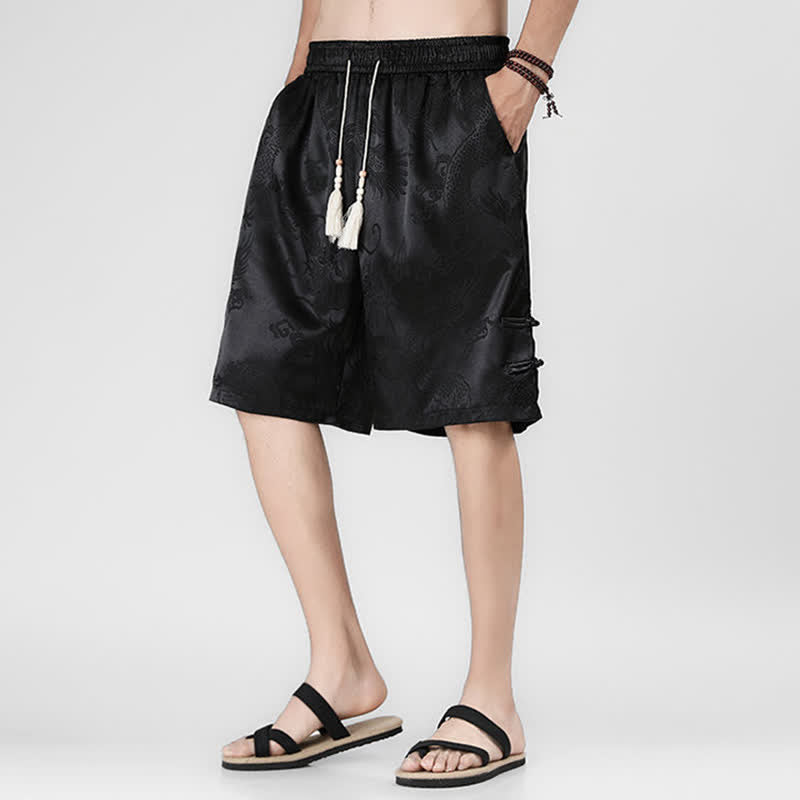 Buddha Stones 夏用ドローストリング付きドラゴンカエルボタンサイドポケット付きメンズショートパンツ - image 4