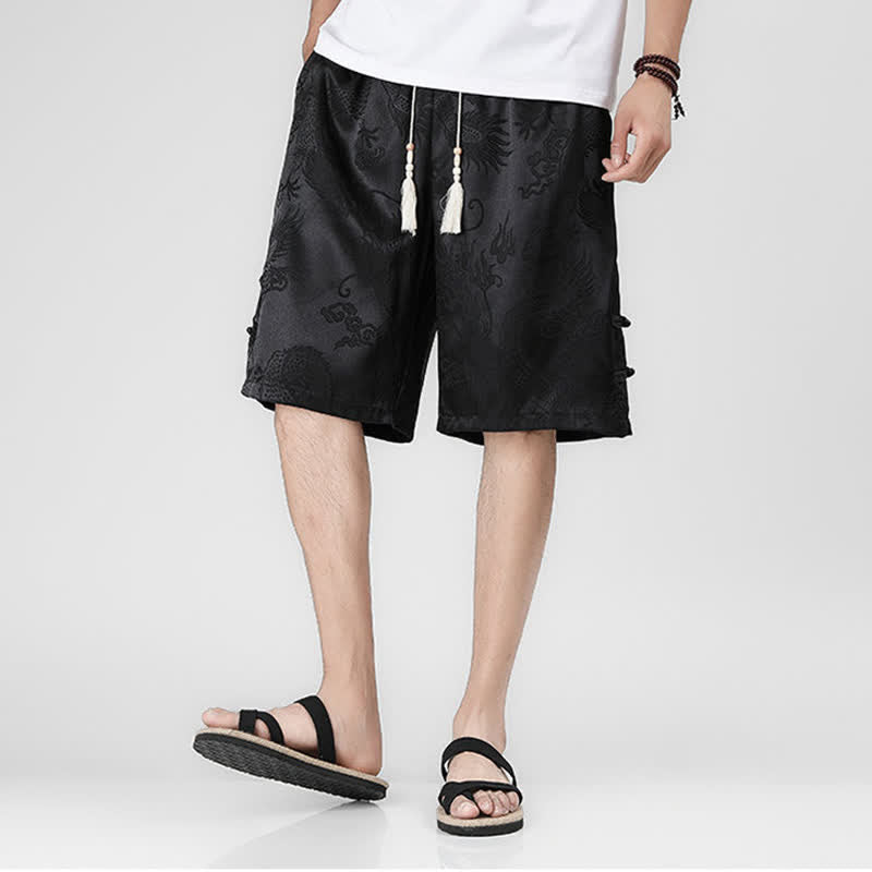 Buddha Stones 夏用ドローストリング付きドラゴンカエルボタンサイドポケット付きメンズショートパンツ - image 5