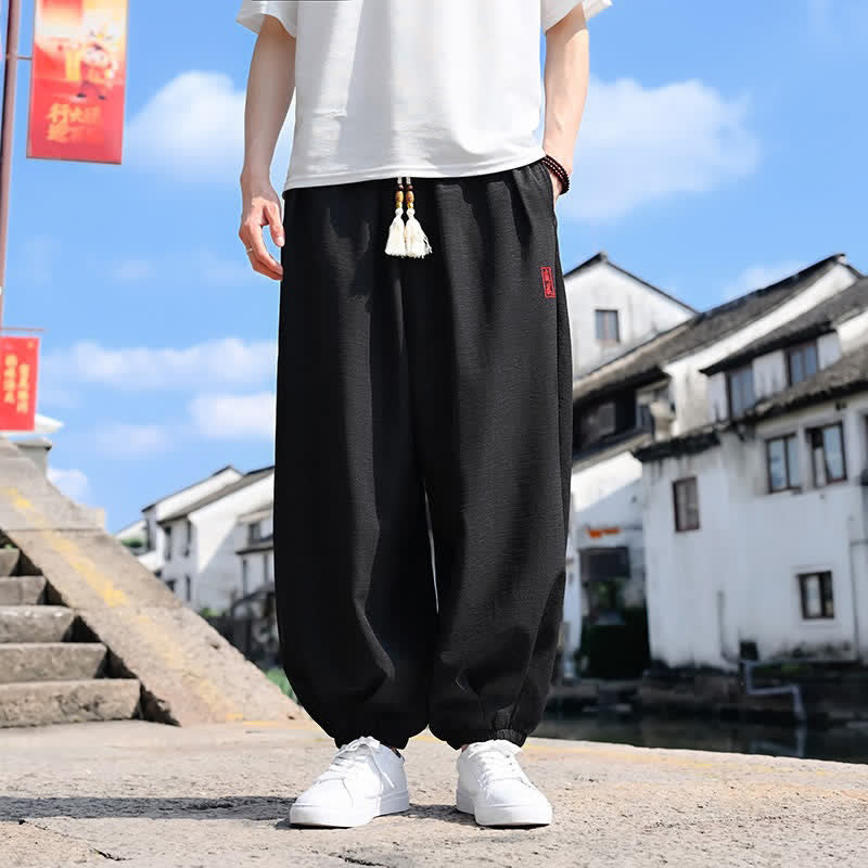 Buddha Stones 夏用ドローストリング付き無地アンクル丈メンズハーレムパンツ（ポケット付き） - 黒 - US/UK/AU46、 EU56 (5XL) - image 0