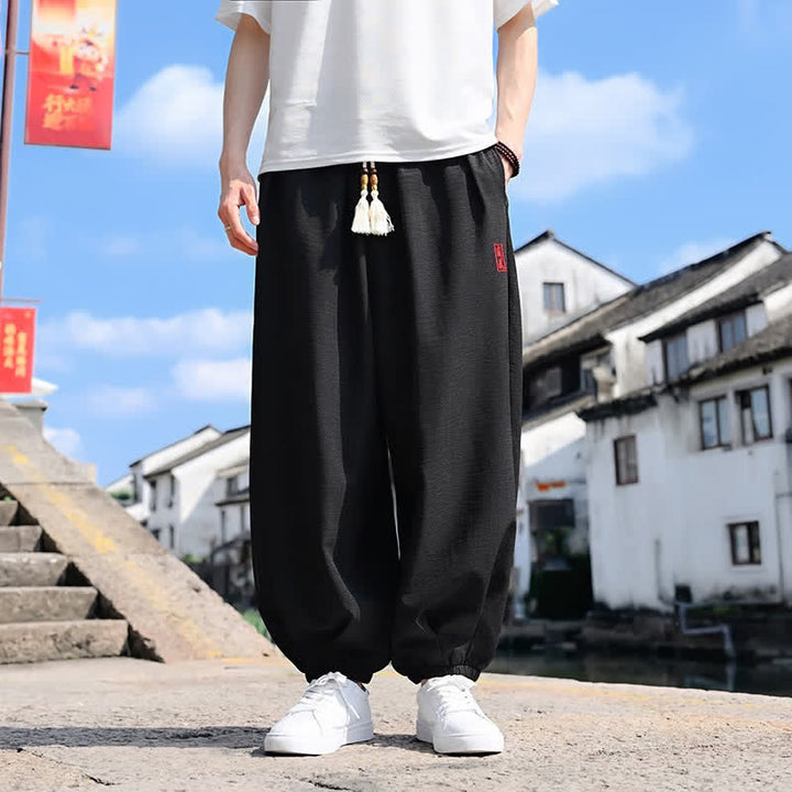 Buddha Stones 夏用ドローストリング付き無地アンクル丈メンズハーレムパンツ（ポケット付き） - 黒 - US/UK/AU46、 EU56 (5XL) - image 0