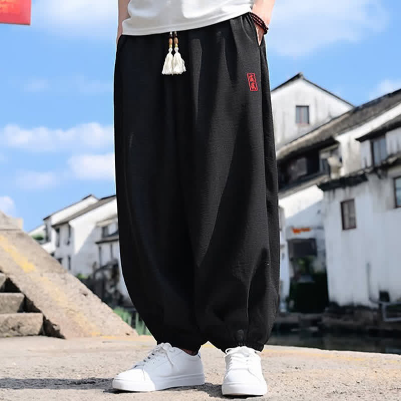 Buddha Stones 夏用ドローストリング付き無地アンクル丈メンズハーレムパンツ（ポケット付き） - image 4