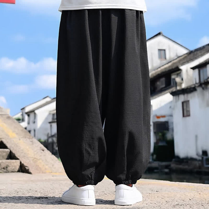 Buddha Stones 夏用ドローストリング付き無地アンクル丈メンズハーレムパンツ（ポケット付き） - image 2