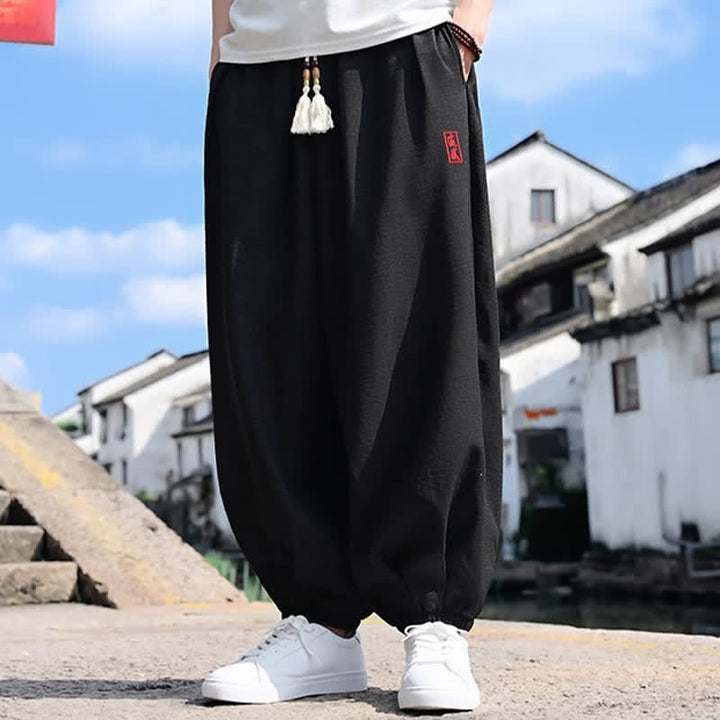 Buddha Stones 夏用ドローストリング付き無地アンクル丈メンズハーレムパンツ（ポケット付き） - image 4