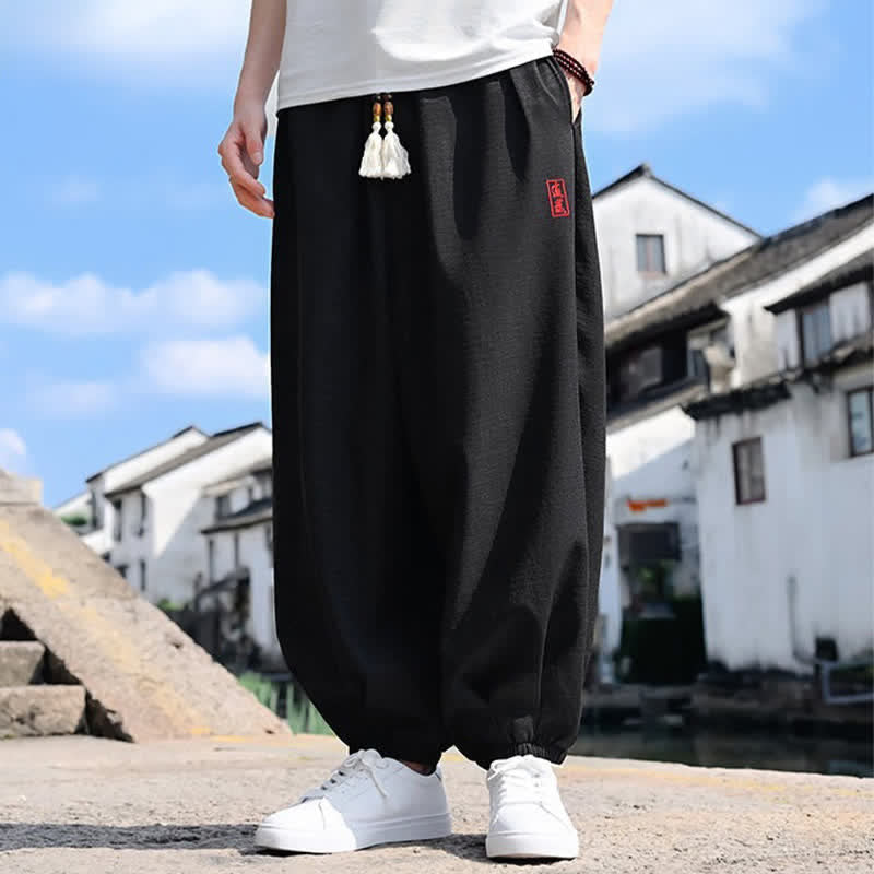 Buddha Stones 夏用ドローストリング付き無地アンクル丈メンズハーレムパンツ（ポケット付き） - image 1
