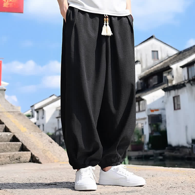 Buddha Stones 夏用ドローストリング付き無地アンクル丈メンズハーレムパンツ（ポケット付き） - image 3