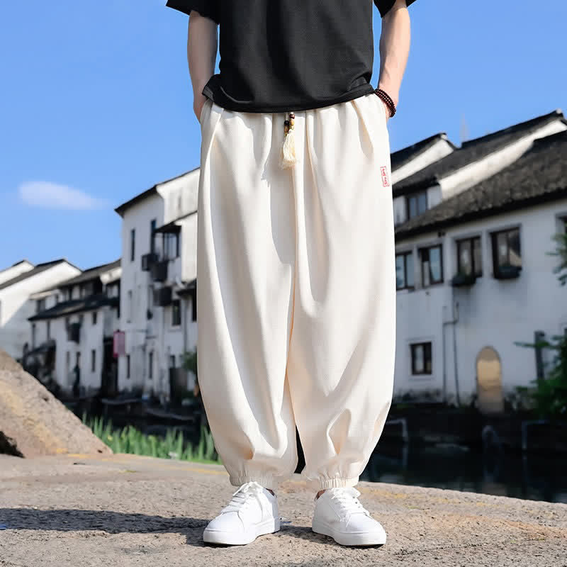 Buddha Stones 夏用ドローストリング付き無地アンクル丈メンズハーレムパンツ（ポケット付き） - ベージュ - US/UK/AU46、 EU56 (5XL) - image 5