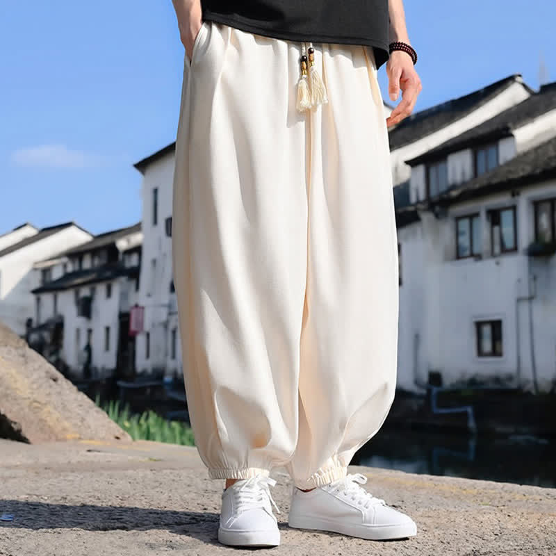 Buddha Stones 夏用ドローストリング付き無地アンクル丈メンズハーレムパンツ（ポケット付き） - image 6