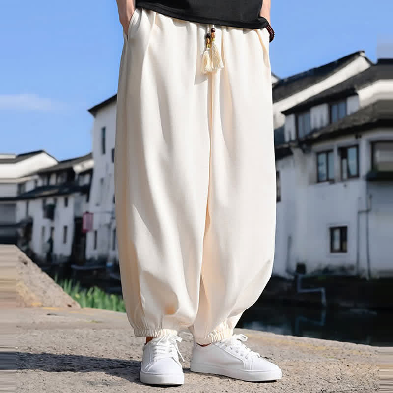 Buddha Stones 夏用ドローストリング付き無地アンクル丈メンズハーレムパンツ（ポケット付き） - image 9